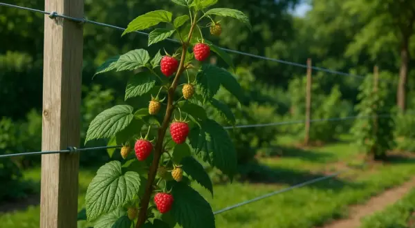 Un framboisier bien tuteuré, chargé de fruits rouges mûrs et de quelques-uns encore verts, pousse le long d'un fil tendu sur un poteau en bois. Une belle idée pour un tuteur framboisier.