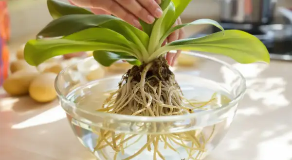 Orchidée aux racines saines trempant dans l'eau, prête pour un nouveau terre pour orchidée.