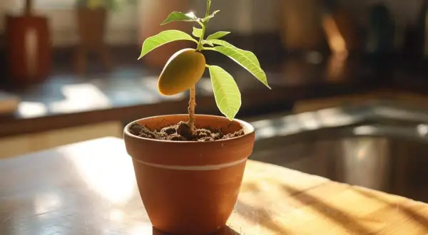 Jeune pousse de mangue dans un pot, le noyau encore attaché, symbole de l'art de planter un noyau de mangue.