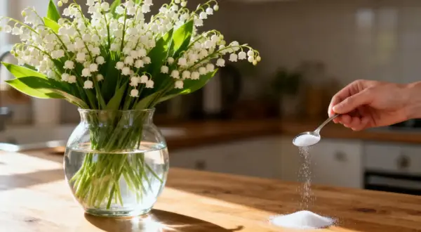 Un bouquet de muguet dans un vase, une main verse du sucre. Astuce pour comment planter du muguet avec racines : le sucre peut aider.
