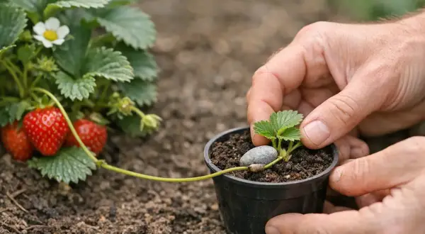 Mains tenant un jeune fraisier en pot, prêt pour l'entretien. Un fraisier mature avec des fruits rouges est visible à gauche.