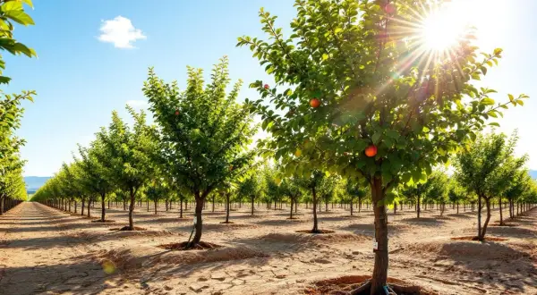 L'image montre une plantation d'arbres fruitiers, probablement des pruniers, en pleine croissance. Le soleil brille à travers les feuilles, créant des rayons lumineux.