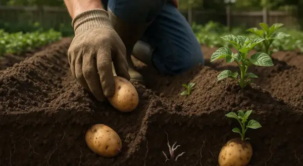Un agriculteur plante des pommes de terre, assurant un bon espacement pour une croissance optimale.