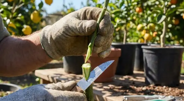 Un jardinier ganté utilise un couteau pour greffer un citronnier, préparant la tige pour une nouvelle croissance.