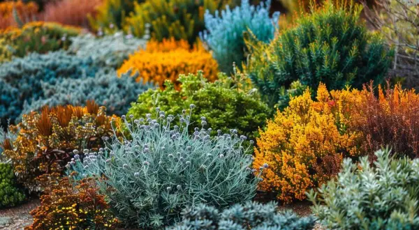 Un parterre coloré de plantes persistantes aux teintes variées : vert, bleu, orange, jaune et brun. Un arbuste persistant au feuillage gris-bleu se distingue.