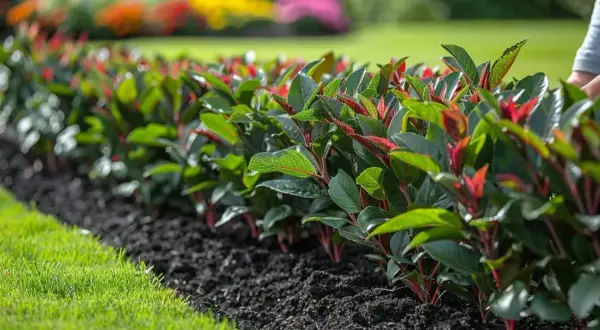 Ligne de boutures photinia aux jeunes pousses rouges, plantées dans un sol sombre, bordée par une pelouse verte et des fleurs colorées au loin.
