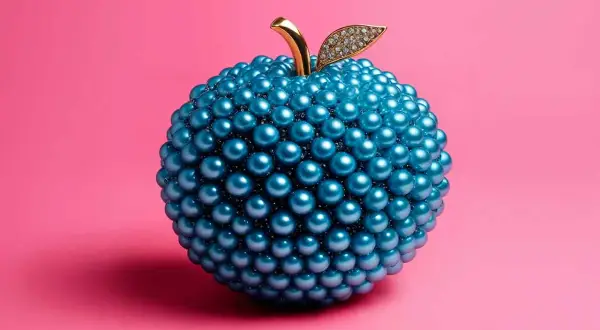 Une pomme ornée de perles bleues, comme une framboise bleue fantaisiste, avec une tige dorée et une feuille sertie de diamants.