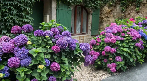 Magnifiques hortensias aux teintes violettes et roses, un arbuste persistant idéal pour une exposition nord, fleurissant devant une maison en pierre.
