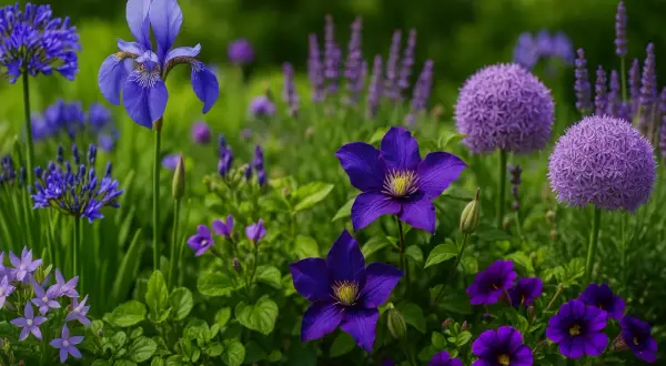 Un parterre de fleurs violettes éclatantes, avec des iris, des clématites et des alliums, baigné de lumière.
