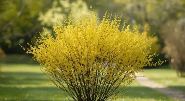 Un arbuste de forsythia en pleine floraison, ses branches chargées de fleurs jaunes éclatantes, se dresse fièrement sur une pelouse verte.