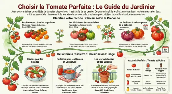 Guide du jardinier présentant diverses variétés de tomates, classées par précocité et usage culinaire.