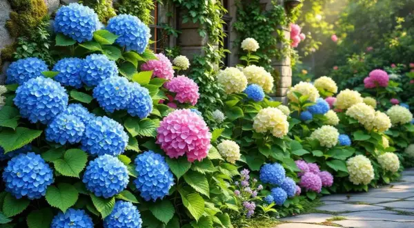 Un chemin pavé bordé d'hortensias bleus, roses et blancs éclatants, grimpant le long d'un mur de pierre couvert de végétation. La terre pour hortensia a permis cette floraison spectaculaire.