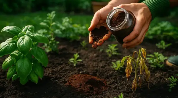 Mains saupoudrant du marc de café sur la terre, près d'une plante de basilic luxuriante et d'une autre qui dépérit.