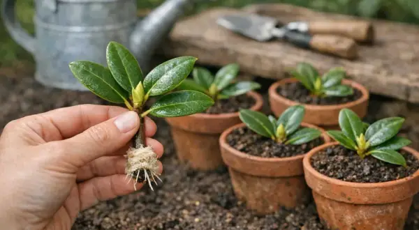 Une main tient une bouture de rhododendron avec des racines bien développées, prête à être plantée dans un petit pot en terre cuite.