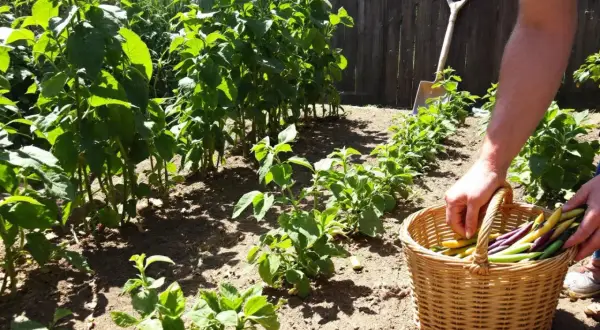 Récolte de haricots nains colorés dans un panier. Le jardin est ensoleillé, avec des rangées de plantes vertes et une pelle en arrière-plan.