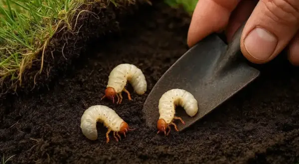 Trois larves de hanneton, blanches et courbées, se trouvent dans la terre sombre. Une petite pelle métallique est posée à côté d'elles.