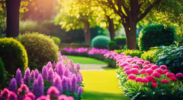 Un chemin de jardin bordé de fleurs roses et violettes, baigné de soleil. Une pensée fleurie pour une promenade paisible.
