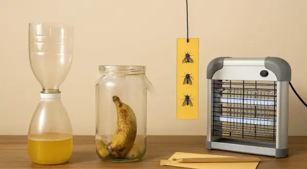Un piège à mouche maison avec une bouteille coupée et un bocal contenant une banane. Une lampe anti-insectes est à côté.