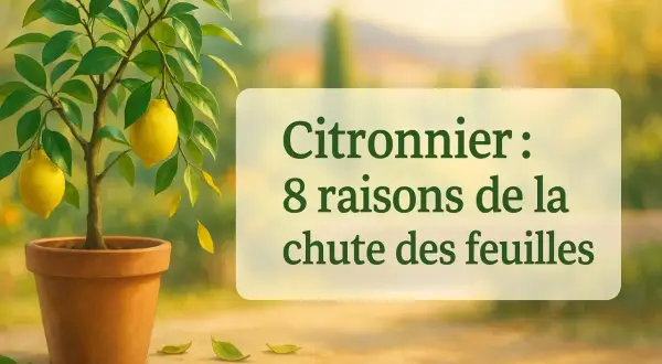 Un citronnier en pot, avec des citrons jaunes, perd ses feuilles. Le texte indique "Citronnier : 8 raisons de la chute des feuilles".