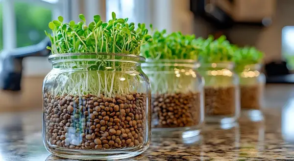 Des bocaux en verre alignés sur un comptoir, remplis de lentilles et de pousses vertes. Une belle façon de faire pousser des lentilles à la maison.