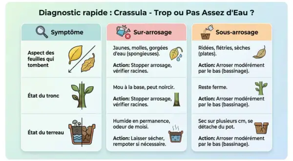 Diagnostic rapide pour un arbre de jade : feuilles qui tombent, molles ou ridées. Le sur-arrosage rend les feuilles spongieuses, le sous-arrosage les fait flétrir.