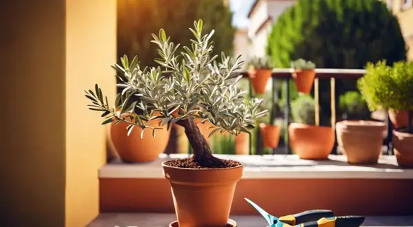 Un olivier petite taille en pot, prêt à être taillé, avec des ciseaux de jardinage à proximité.