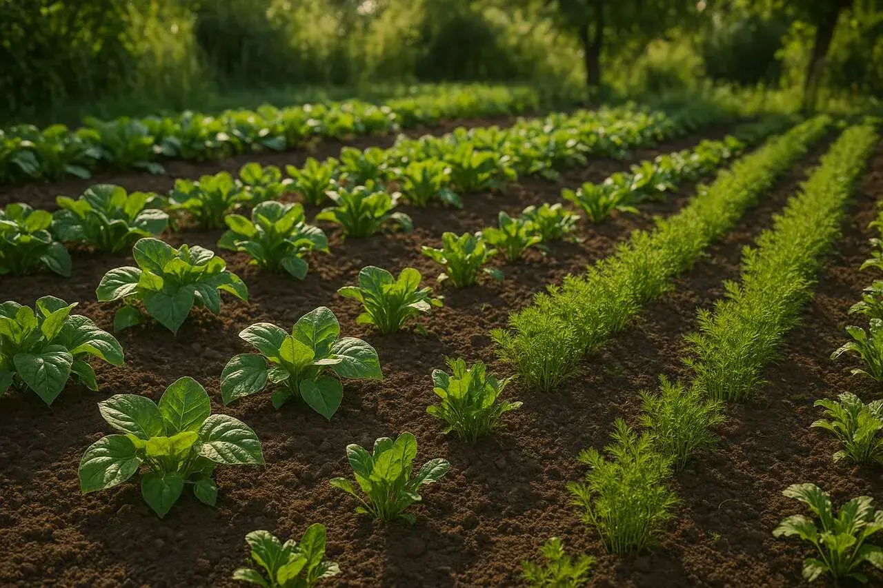 Champ de légumes avec des rangées de jeunes plants verts. Idéal pour savoir que planter après les oignons.