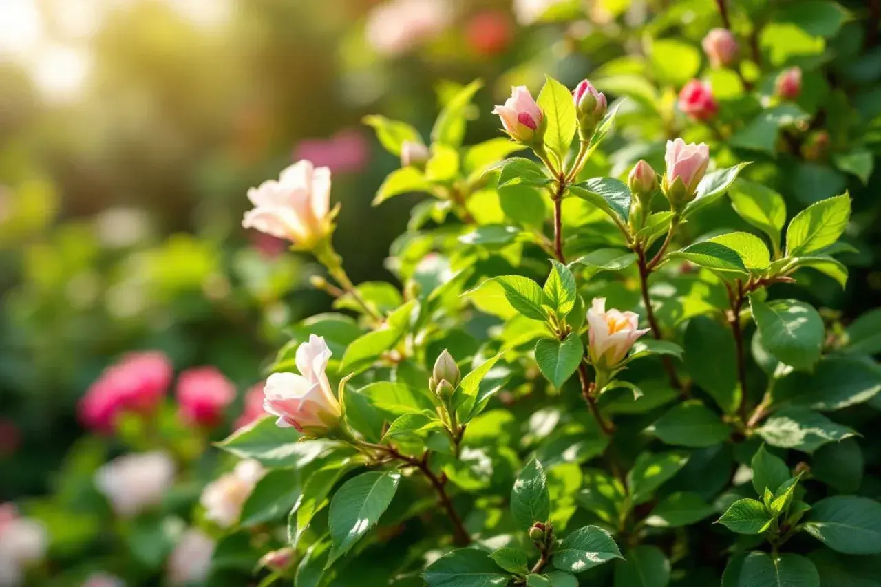 Des bourgeons et des fleurs d'azalée rose pâle s'épanouissent sous un soleil doux, leurs feuilles vertes brillantes capturant la lumière.