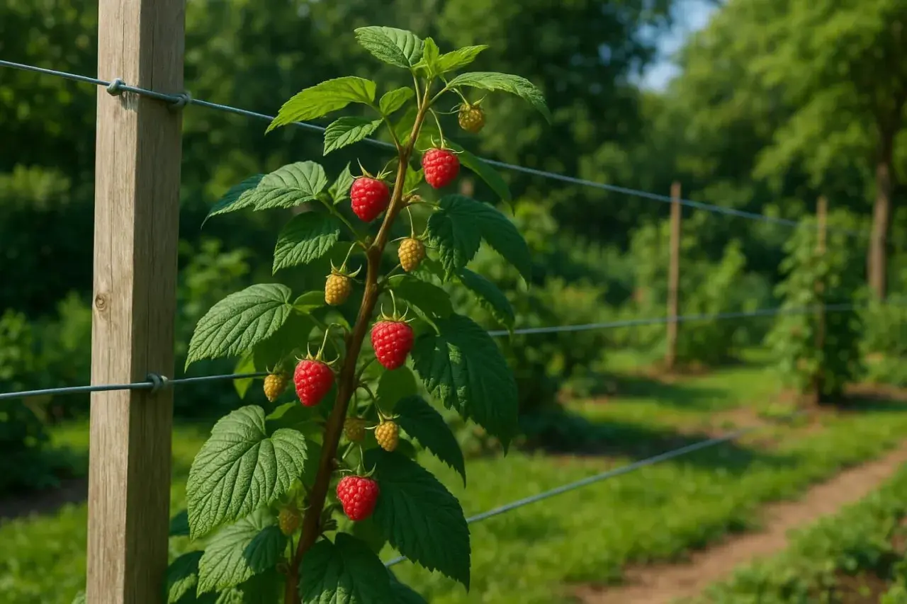 Un framboisier bien tuteuré, chargé de fruits rouges mûrs et de quelques-uns encore verts, pousse le long d'un fil tendu sur un poteau en bois. Une belle idée pour un tuteur framboisier.