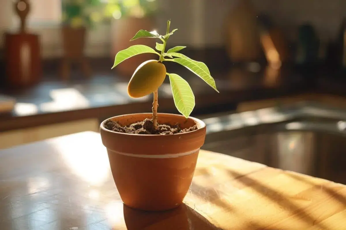 Jeune pousse de mangue dans un pot, le noyau encore attaché, symbole de l'art de planter un noyau de mangue.