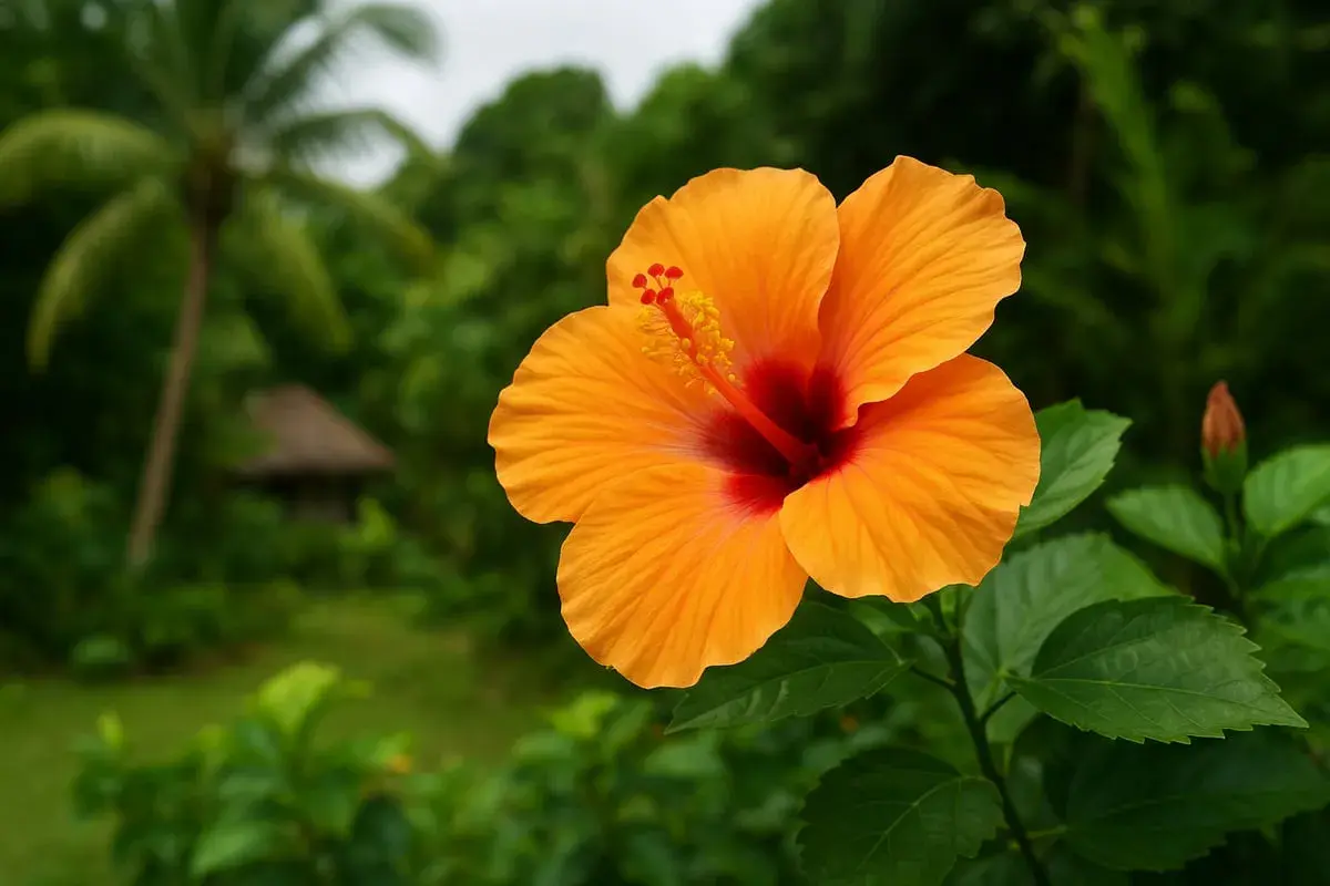 Magnifique fleur d'hibiscus orange vif, avec un cœur rouge profond. Le fond flou montre un paysage tropical luxuriant, idéal pour l'hibiscus entretien.