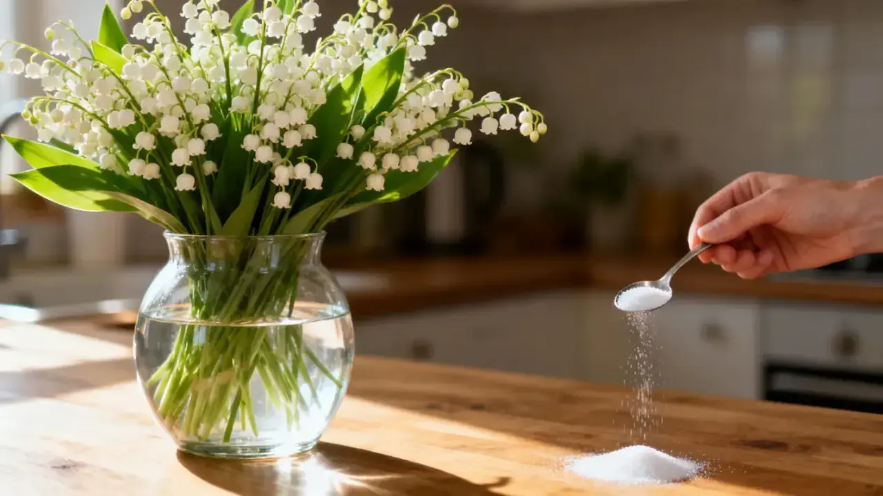Un bouquet de muguet dans un vase, une main verse du sucre. Astuce pour comment planter du muguet avec racines : le sucre peut aider.