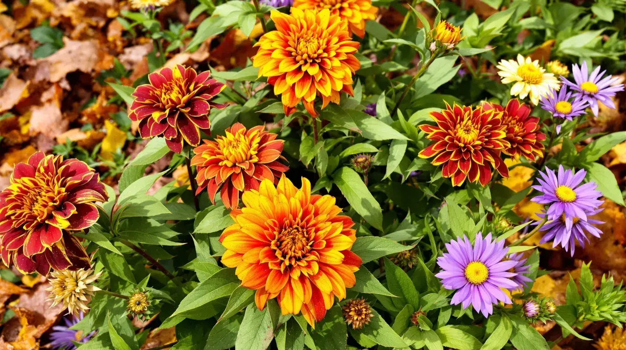 Magnifique fleur d'automne aux couleurs vives, mêlant le rouge, l'orange et le jaune, entourée de feuilles d'automne.