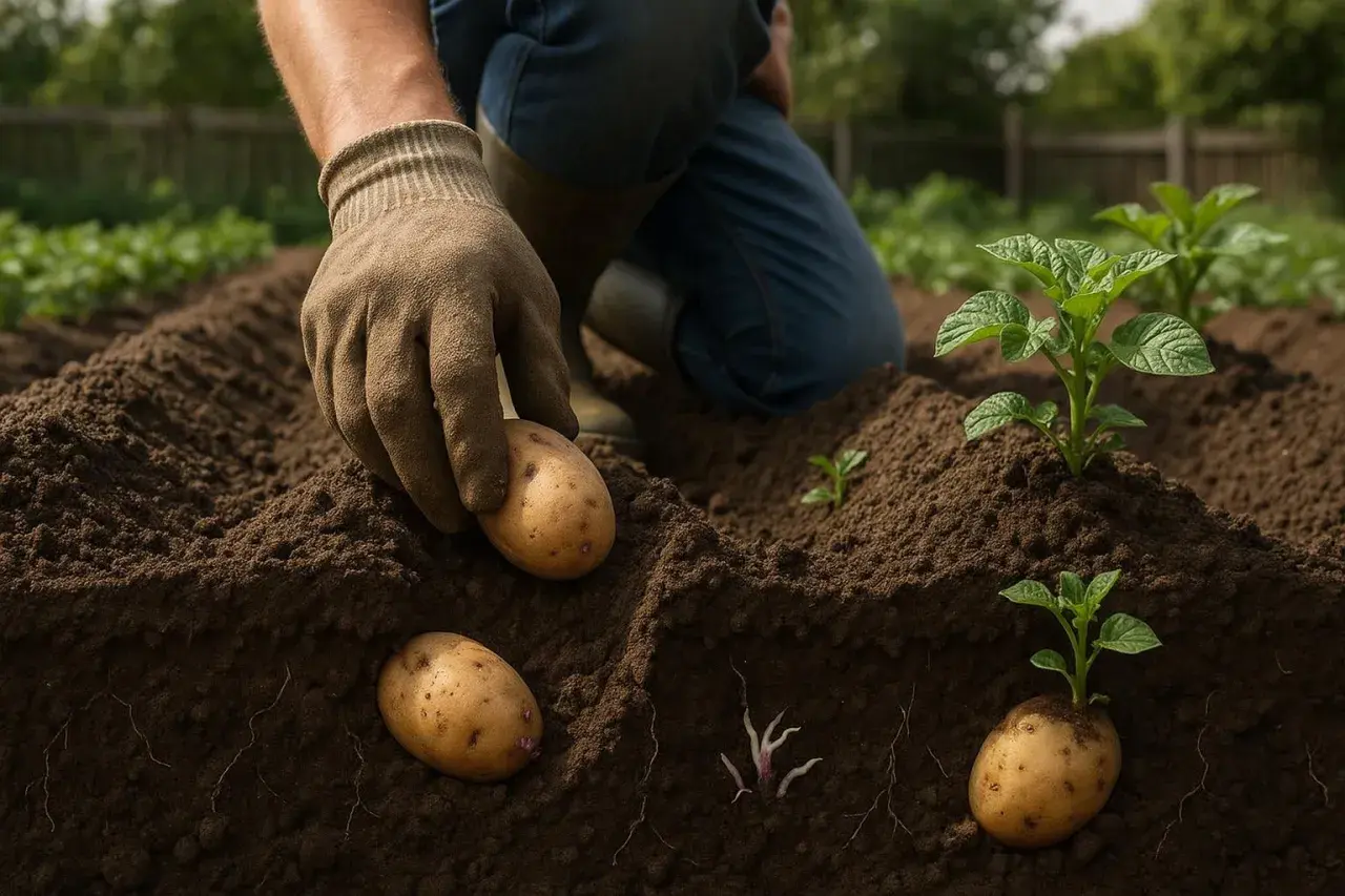 Un agriculteur plante des pommes de terre, assurant un bon espacement pour une croissance optimale.