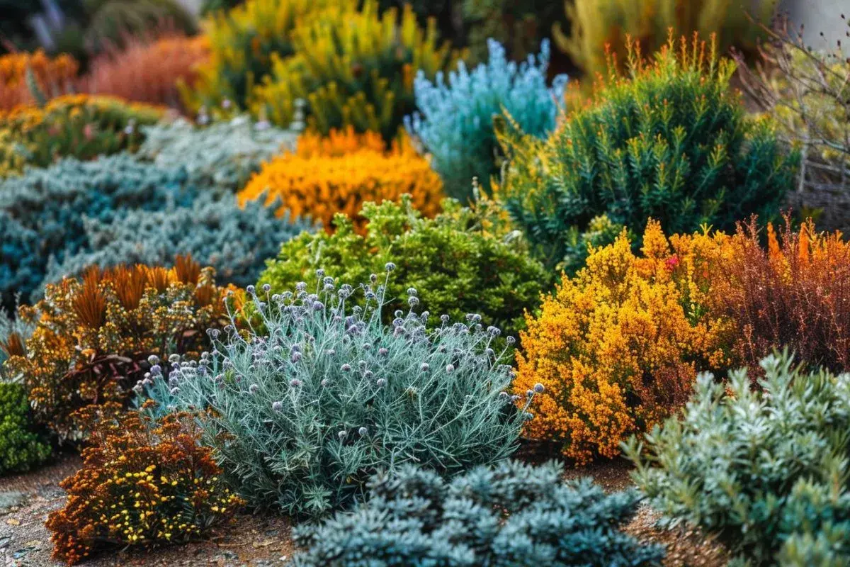 Un parterre coloré de plantes persistantes aux teintes variées : vert, bleu, orange, jaune et brun. Un arbuste persistant au feuillage gris-bleu se distingue.