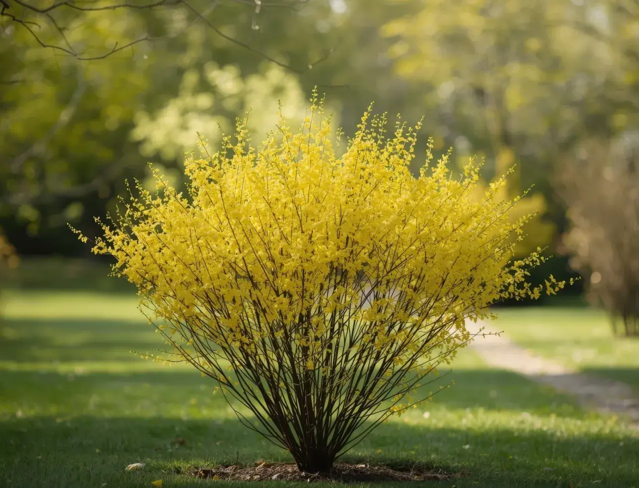 Un arbuste de forsythia en pleine floraison, ses branches chargées de fleurs jaunes éclatantes, se dresse fièrement sur une pelouse verte.