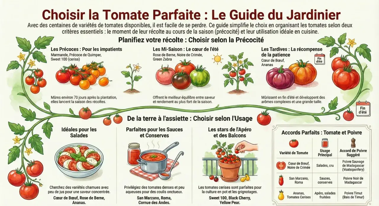 Guide du jardinier présentant diverses variétés de tomates, classées par précocité et usage culinaire.
