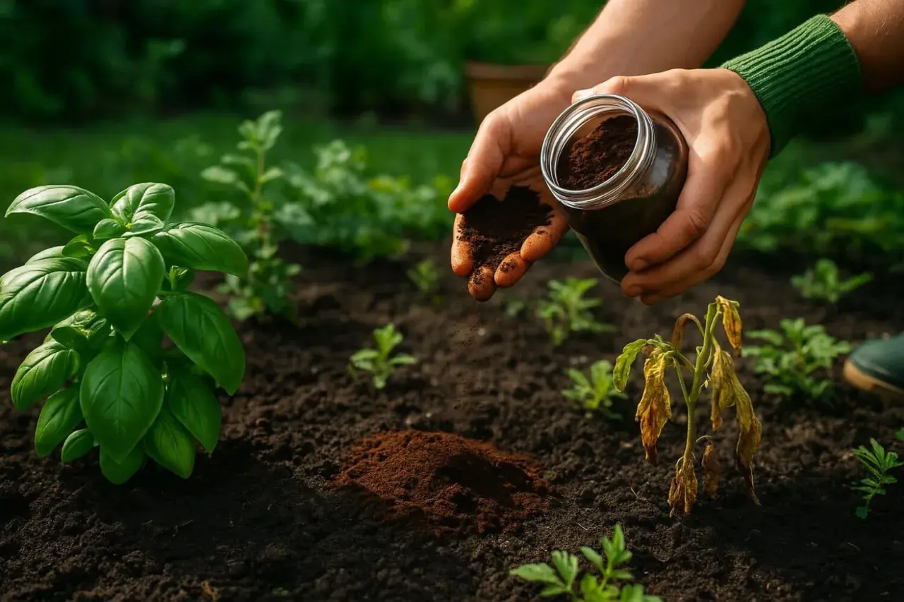 Mains saupoudrant du marc de café sur la terre, près d'une plante de basilic luxuriante et d'une autre qui dépérit.