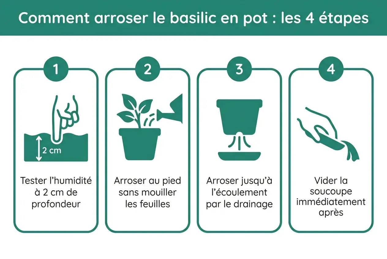Guide en 4 étapes pour l'arrosage du basilic en pot : tester l'humidité, arroser au pied, jusqu'à écoulement, vider la soucoupe.