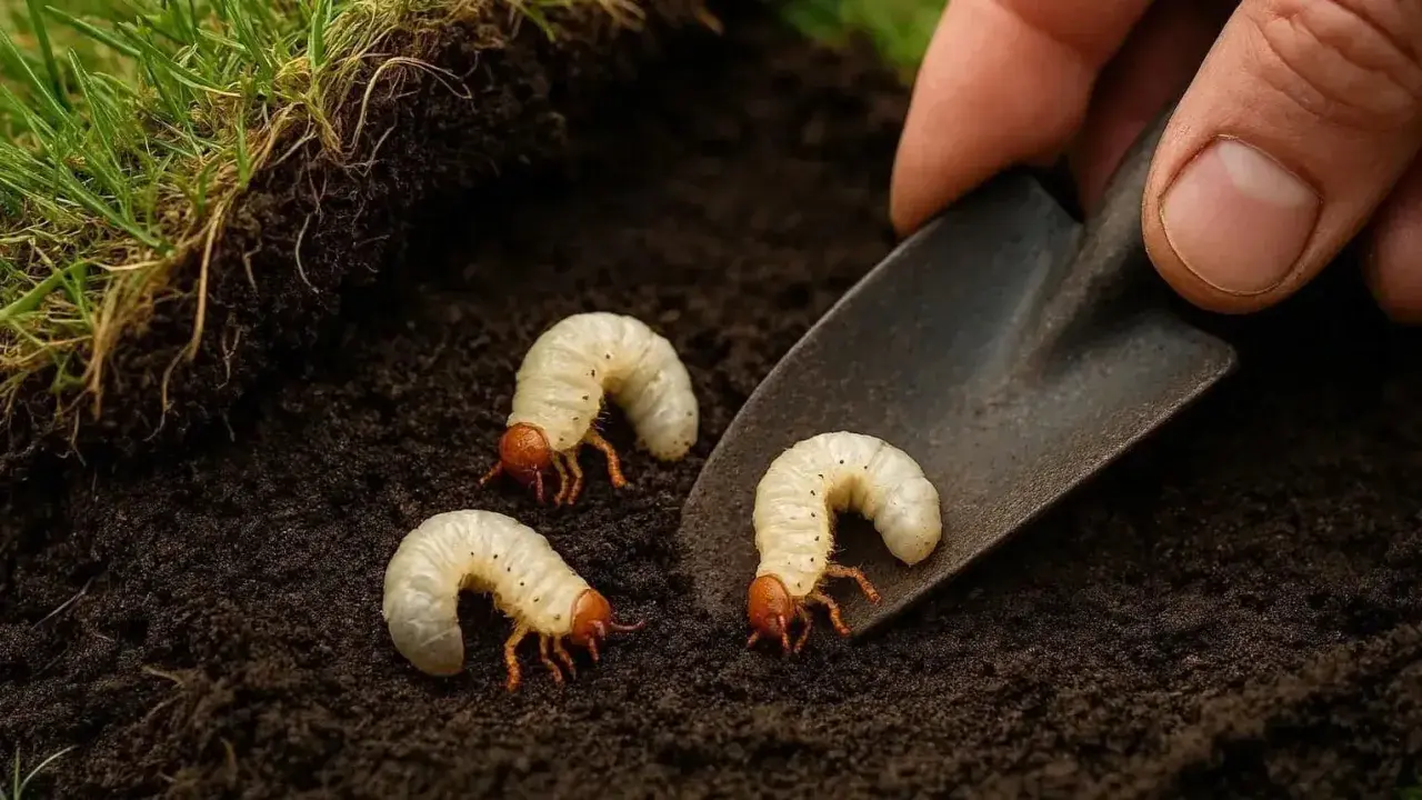 Trois larves de hanneton, blanches et courbées, se trouvent dans la terre sombre. Une petite pelle métallique est posée à côté d'elles.