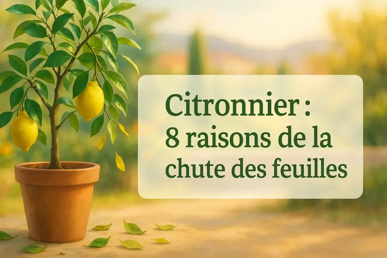 Un citronnier en pot, avec des citrons jaunes, perd ses feuilles. Le texte indique "Citronnier : 8 raisons de la chute des feuilles".