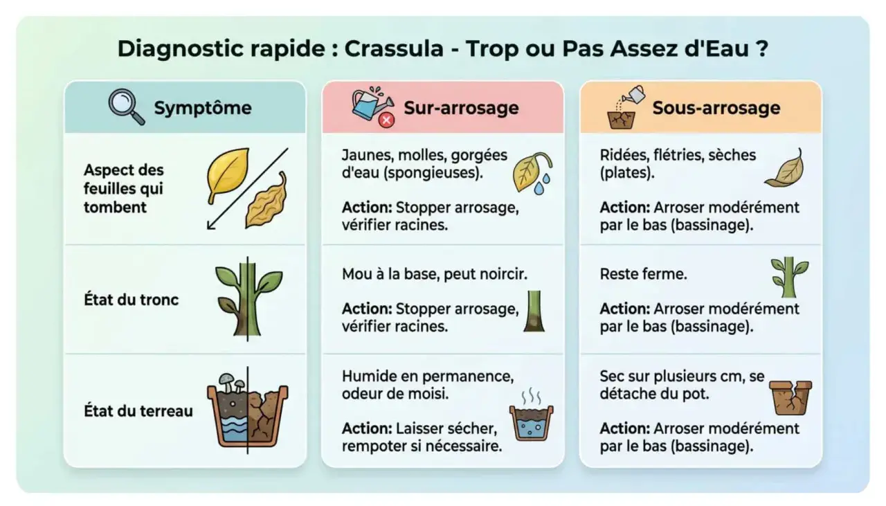 Diagnostic rapide pour un arbre de jade : feuilles qui tombent, molles ou ridées. Le sur-arrosage rend les feuilles spongieuses, le sous-arrosage les fait flétrir.