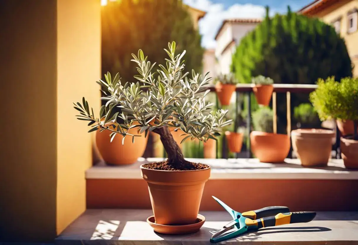 Un olivier petite taille en pot, prêt à être taillé, avec des ciseaux de jardinage à proximité.
