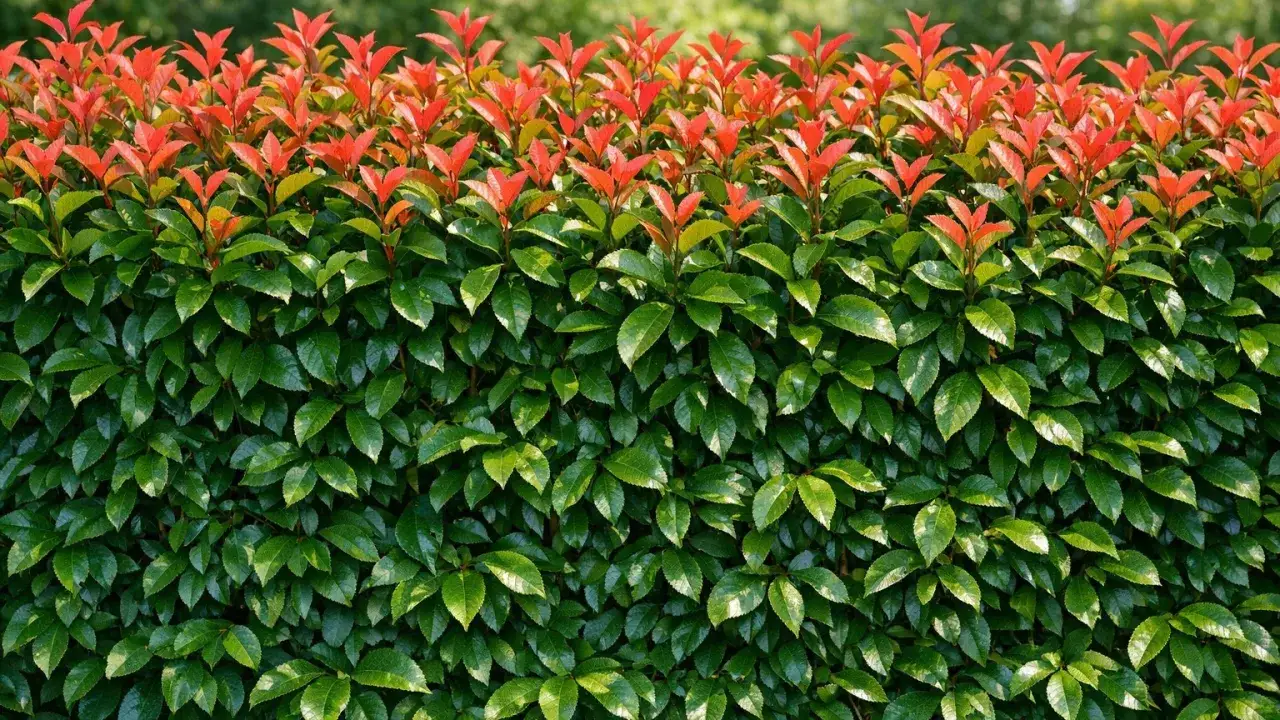 Un mur végétal dense de laurier cerise, avec des feuilles vertes brillantes et de jeunes pousses rouge vif au sommet, créant un contraste saisissant.