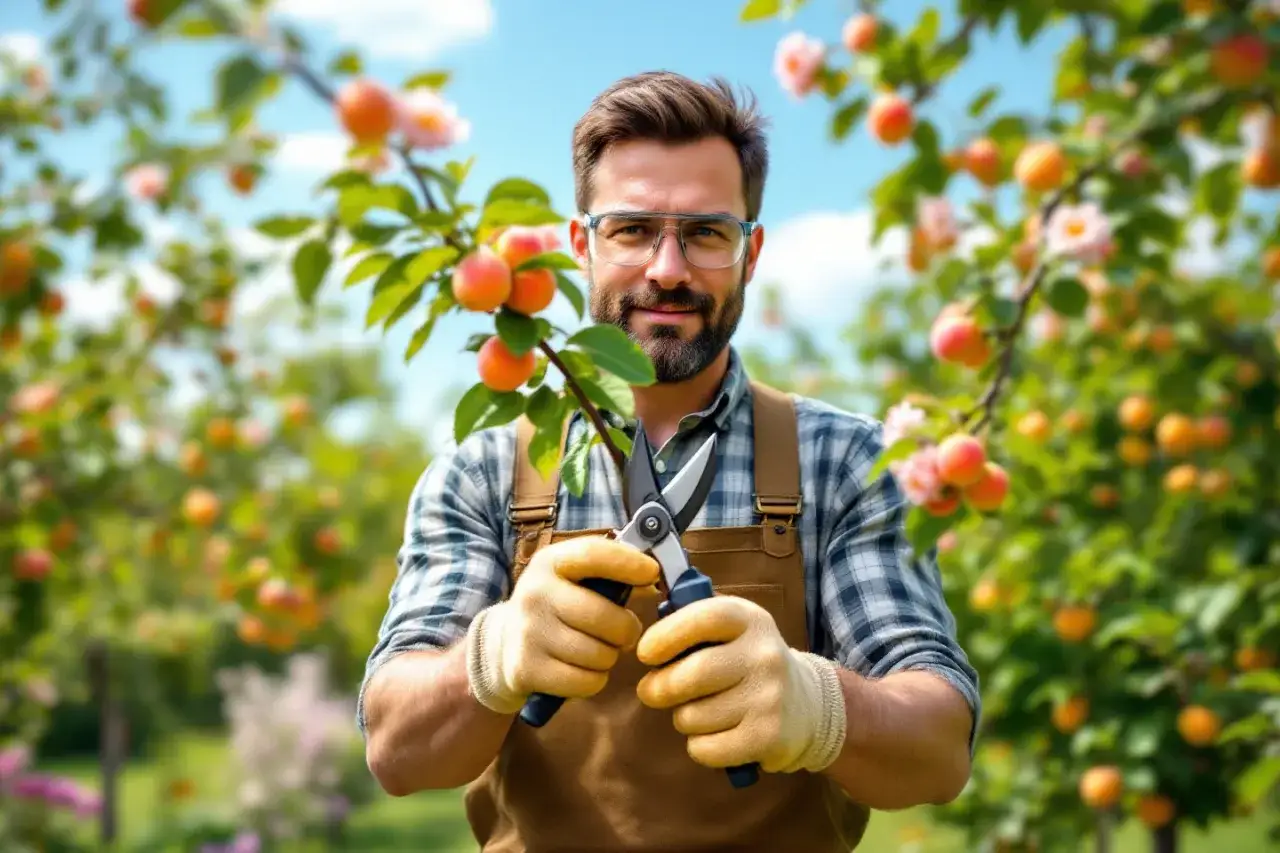 Jardinier souriant, prêt pour la taille de l'abricotier, entouré de fruits mûrs.