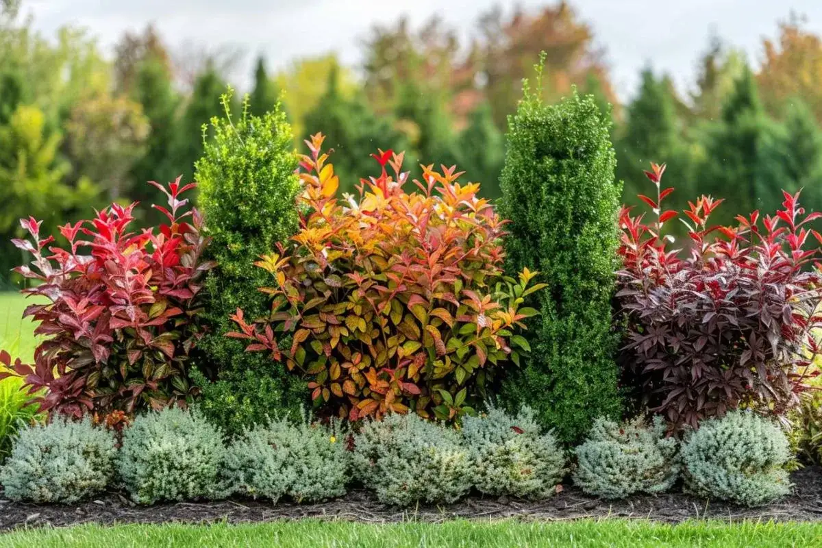 Un am&eacute;nagement paysager color&eacute; avec des arbustes &agrave; feuillage rouge et orange, des conif&egrave;res &eacute;lanc&eacute;s et des plantes basses grises. Une belle plante brise vue pour un jardin.