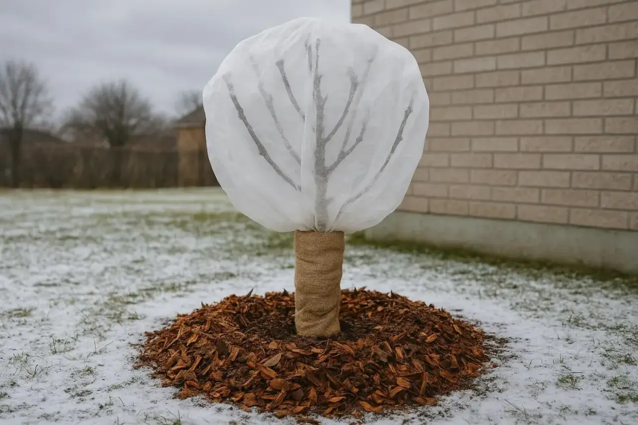 Un jeune arbre, prot&eacute;g&eacute; par une housse blanche, attend le printemps. Le tronc est entour&eacute; de toile de jute et le sol est couvert de copeaux de bois. C'est une belle image de la pr&eacute;paration pour planter un figuier.