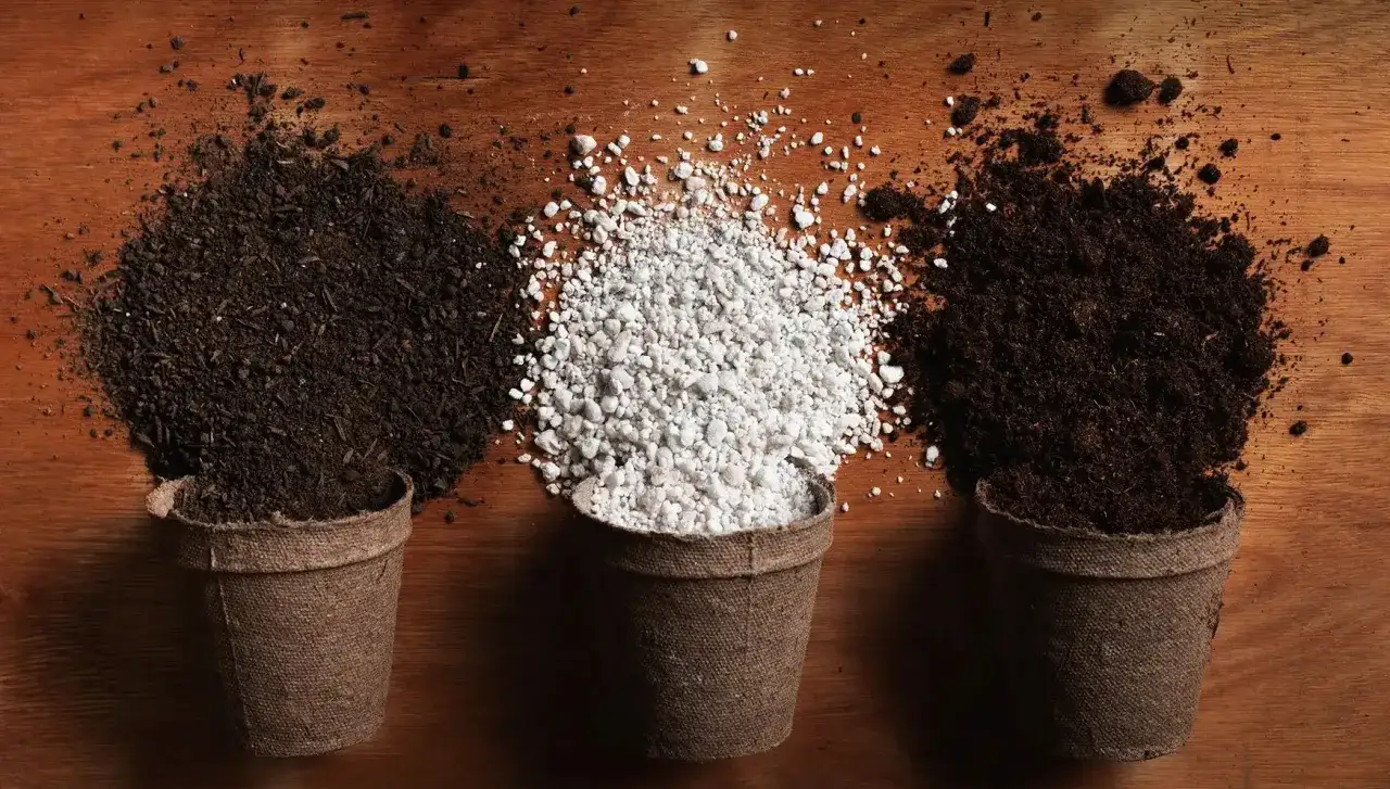 Trois pots remplis de terreau et de perlite pour plante, pr&ecirc;ts pour le rempotage.
