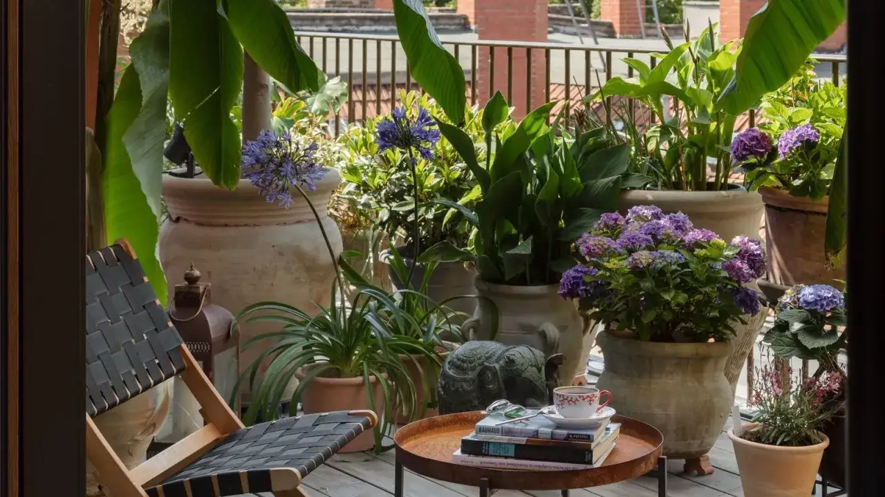 Un coin d&eacute;tente sur un balcon luxuriant, avec une plante verte ext&eacute;rieur, des hortensias violets et une tasse de caf&eacute;.