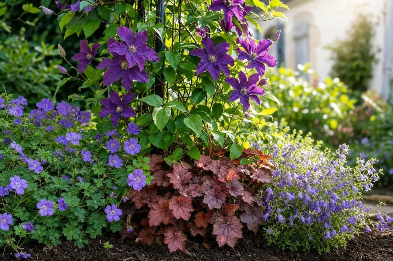 Magnifique clematite aux fleurs violettes, entour&eacute;e de g&eacute;raniums bleus et de heuch&egrave;res pourpres. Une belle exposition florale.